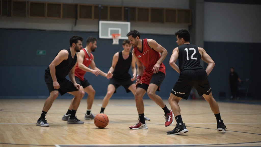 لاعبو كرة سلة يمارسون تمرين الحركة الدفاعية والتمركز