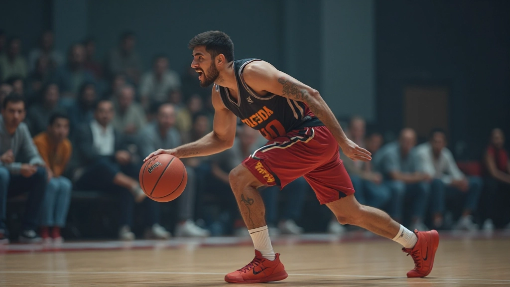 لاعب كرة سلة محترف يقوم بمناورة دريبل متقدمة في الملعب أثناء المباراة